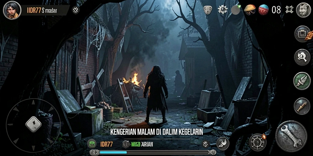 Screenshot menunjukkan pemain dalam situasi horor yang mendebarkan.