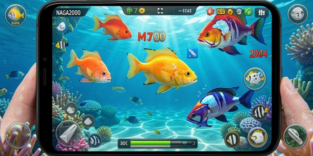 Tampilan gameplay menarik dari NAGA2000, menembak ikan dengan seru.