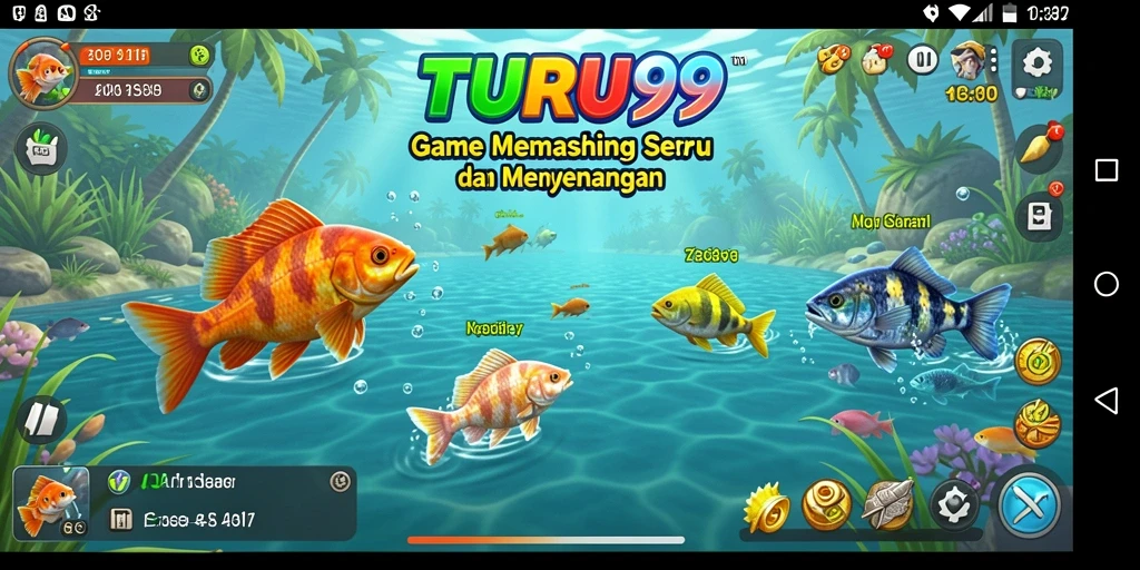 Tampilan gameplay TURU99 saat menangkap ikan di lokasi memancing yang indah.