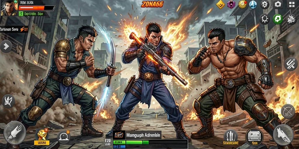 Tangkapan layar gameplay ZONA66 menunjukkan aksi pertarungan yang intens dan mendebarkan.